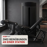 Titanium Strength Black Series Beinbeuger im Liegen und Beinstrecker in einem fertig eingerichteten Studio mit dunklen Wänden und Gummiboden