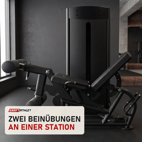 Titanium Strength Black Series Beinbeuger im Liegen und Beinstrecker in einem fertig eingerichteten Studio mit dunklen Wänden und Gummiboden