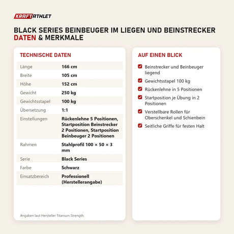 Technische Daten und Merkmale von Titanium Strength Black Series Beinbeuger im Liegen und Beinstrecker als Tabelle