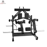 Titanium Strength Black Series IsoLateral Beinbeuger Knien in Frontansicht mit Beinrollen und Hantelstangen