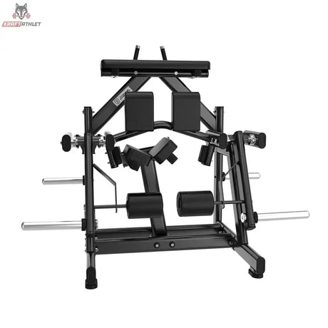 Titanium Strength Black Series IsoLateral Beinbeuger Knien in Frontansicht mit Beinrollen und Hantelstangen