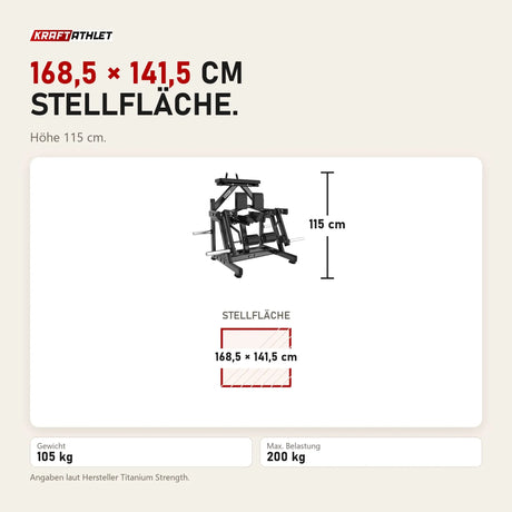 Maßbild Titanium Strength Black Series IsoLateral Beinbeuger Knien: Stellfläche 168,5 × 141,5 cm, Höhe 115 cm