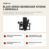 Titanium Strength Black Series Beinbeuger sitzend mit 4 Merkmalen: Geneigte Rückenlehne in 8 Positionen, Schienbeinrolle 7 und Hebelarm 6 Positionen, Oberschenkelrolle in 5 Positionen, Gewichtsstapel 100 kg