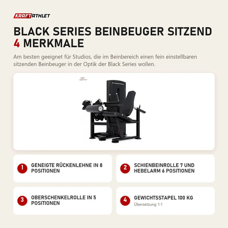 Titanium Strength Black Series Beinbeuger sitzend mit 4 Merkmalen: Geneigte Rückenlehne in 8 Positionen, Schienbeinrolle 7 und Hebelarm 6 Positionen, Oberschenkelrolle in 5 Positionen, Gewichtsstapel 100 kg