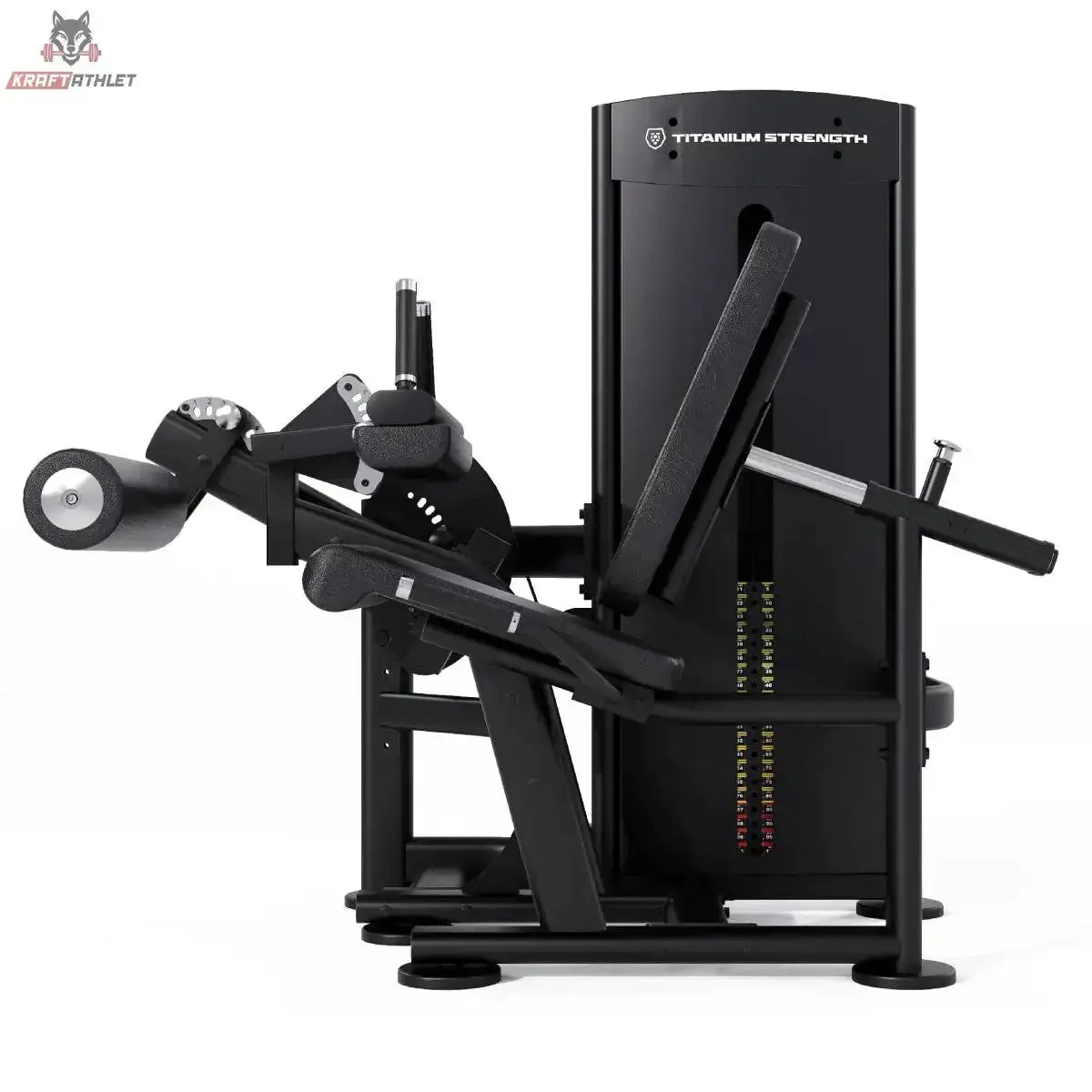 Titanium Strength Black Series Beinbeuger sitzend – Seitliche Schrägansicht mit Beinhebel und Gewichtsturm