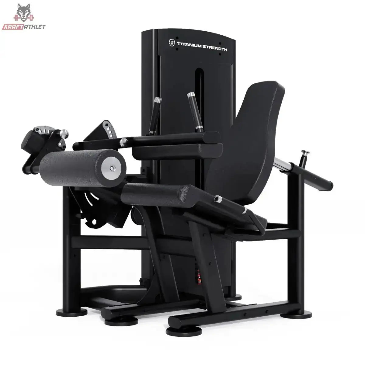 Titanium Strength Black Series Beinbeuger sitzend – Schrägansicht mit Beinrollen, Rückenlehne und Haltegriffen