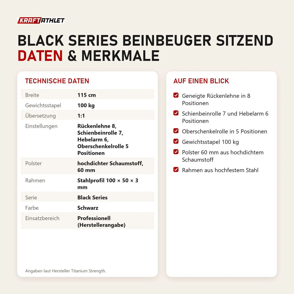 Technische Daten und Merkmale von Titanium Strength Black Series Beinbeuger sitzend als Tabelle