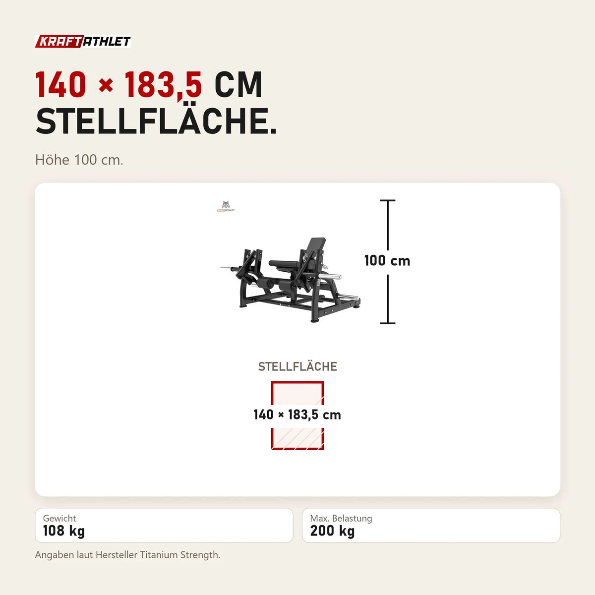 Maßbild Titanium Strength Black Series IsoLateral Beinstrecker: Stellfläche 140 × 183,5 cm, Höhe 100 cm