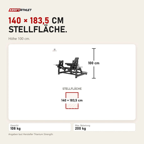 Maßbild Titanium Strength Black Series IsoLateral Beinstrecker: Stellfläche 140 × 183,5 cm, Höhe 100 cm