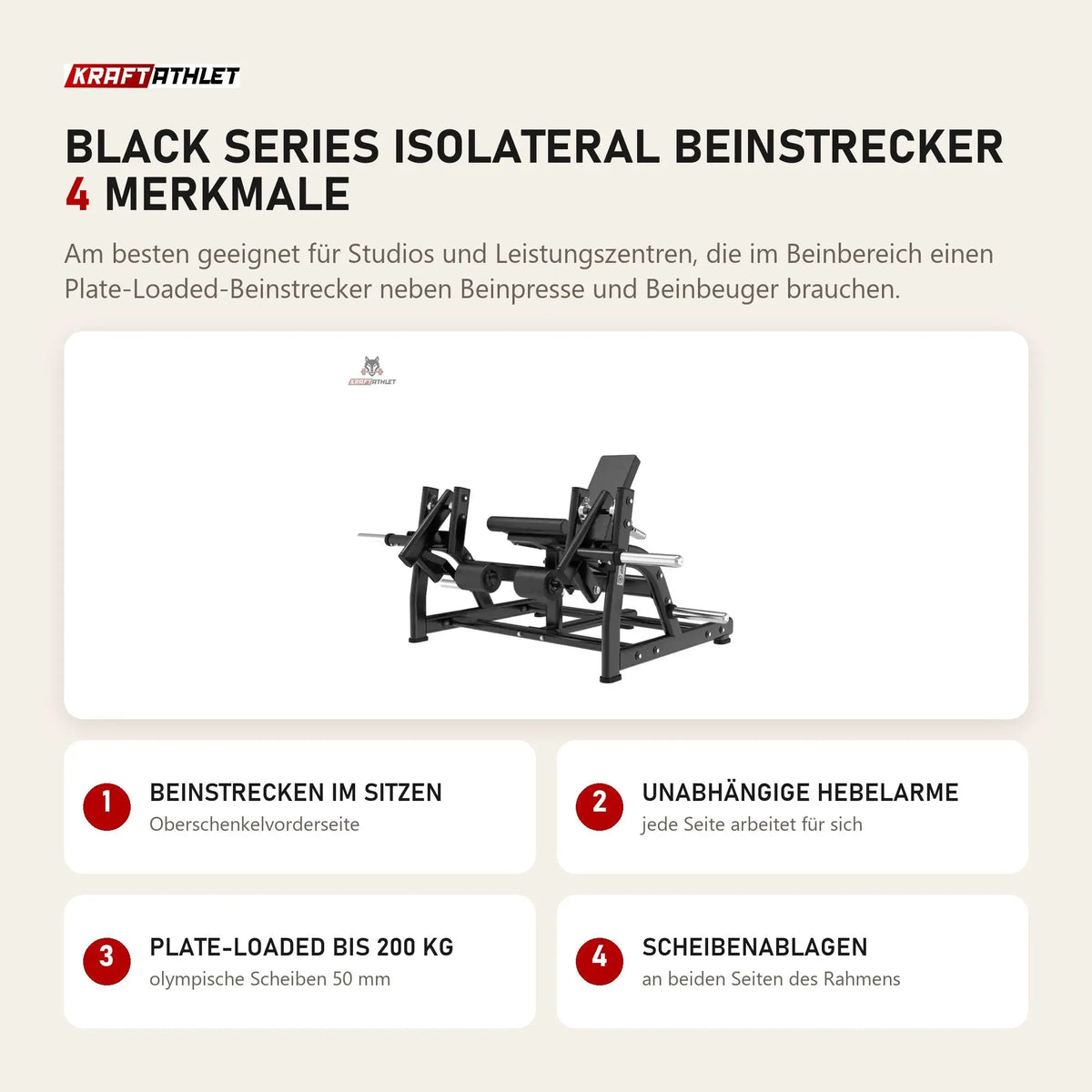Titanium Strength Black Series IsoLateral Beinstrecker mit 4 Merkmalen: Beinstrecken im Sitzen, Unabhängige Hebelarme, Plate-Loaded bis 200 kg, Scheibenablagen