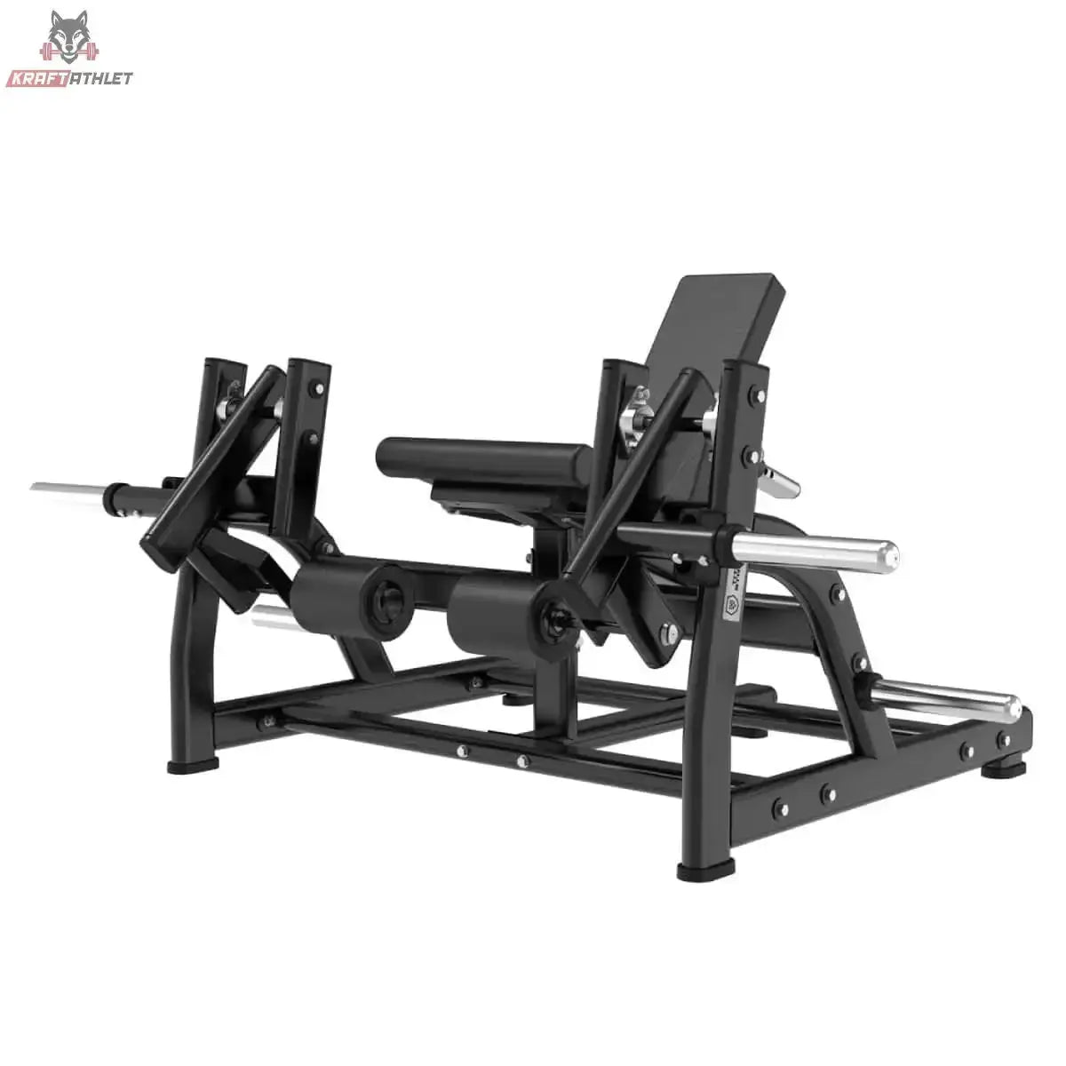 Titanium Strength Black Series IsoLateral Beinstrecker in Schrägansicht von vorn mit Sitz und Beinrollen