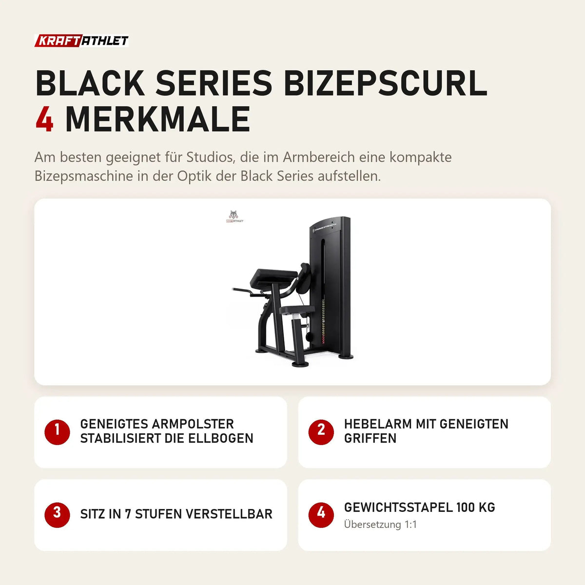 Titanium Strength Black Series Bizepscurl mit 4 Merkmalen: Geneigtes Armpolster stabilisiert die Ellbogen, Hebelarm mit geneigten Griffen, Sitz in 7 Stufen verstellbar, Gewichtsstapel 100 kg