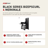 Titanium Strength Black Series Bizepscurl mit 4 Merkmalen: Geneigtes Armpolster stabilisiert die Ellbogen, Hebelarm mit geneigten Griffen, Sitz in 7 Stufen verstellbar, Gewichtsstapel 100 kg