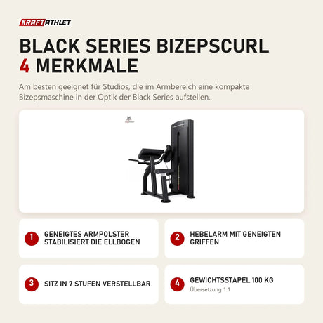 Titanium Strength Black Series Bizepscurl mit 4 Merkmalen: Geneigtes Armpolster stabilisiert die Ellbogen, Hebelarm mit geneigten Griffen, Sitz in 7 Stufen verstellbar, Gewichtsstapel 100 kg
