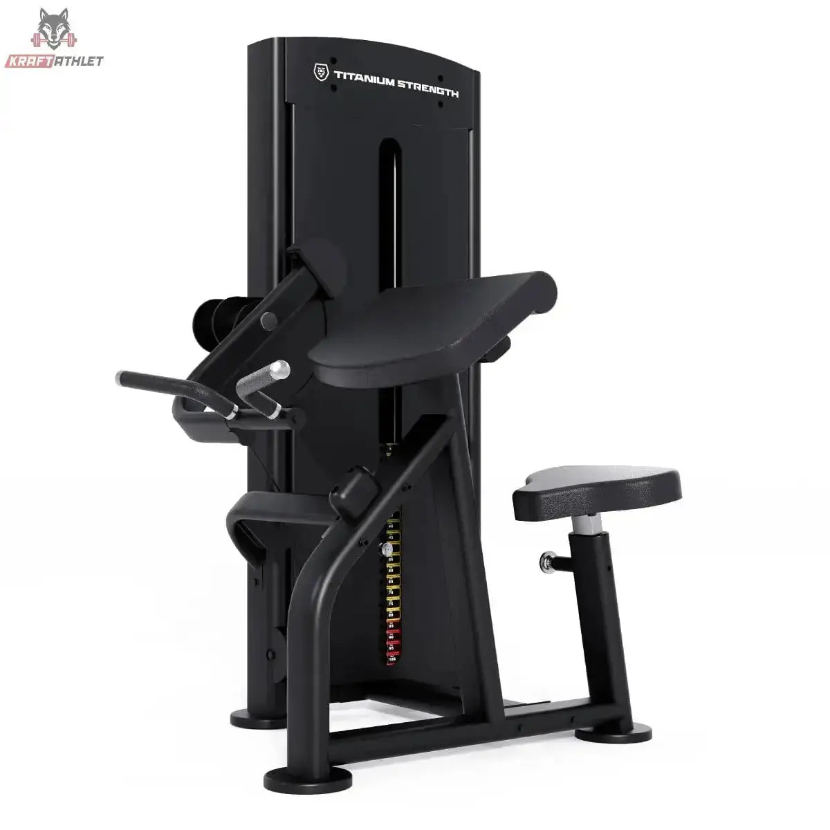 Titanium Strength Black Series Bizepscurl – Schrägansicht von rechts mit Armpolster und Sitz