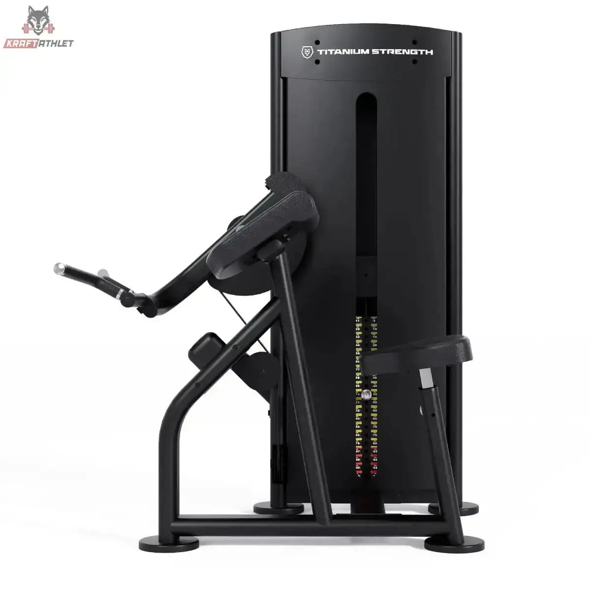 Titanium Strength Black Series Bizepscurl – Schrägansicht von der Seite mit Curlarmen und Gewichtsturm