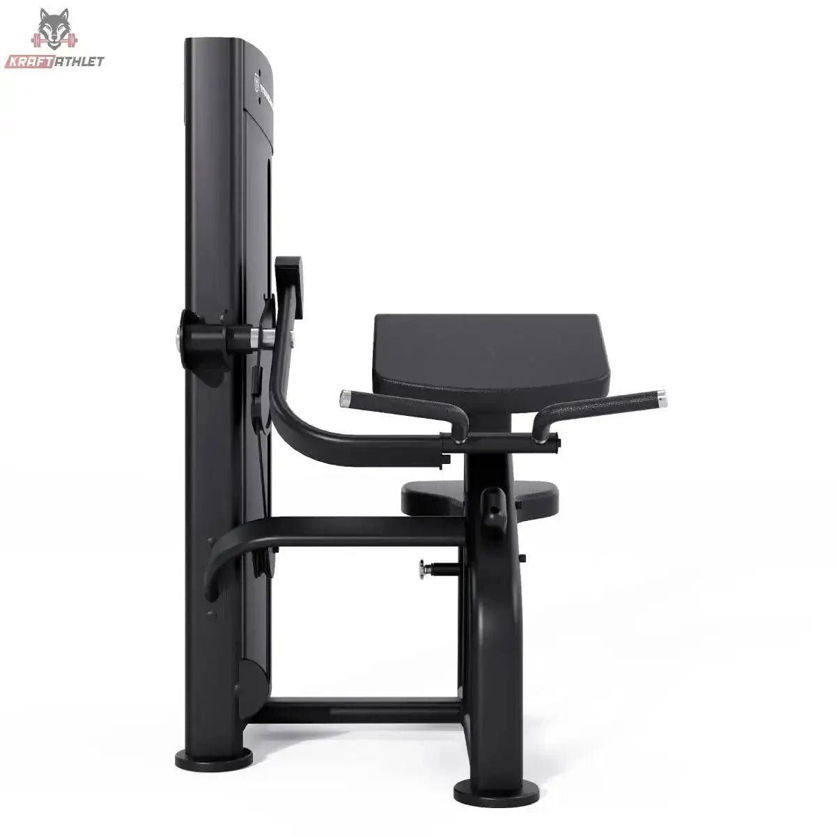 Titanium Strength Black Series Bizepscurl – Seitenansicht mit Armauflage, Sitz und Gewichtsturm