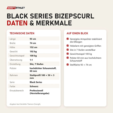 Technische Daten und Merkmale von Titanium Strength Black Series Bizepscurl als Tabelle