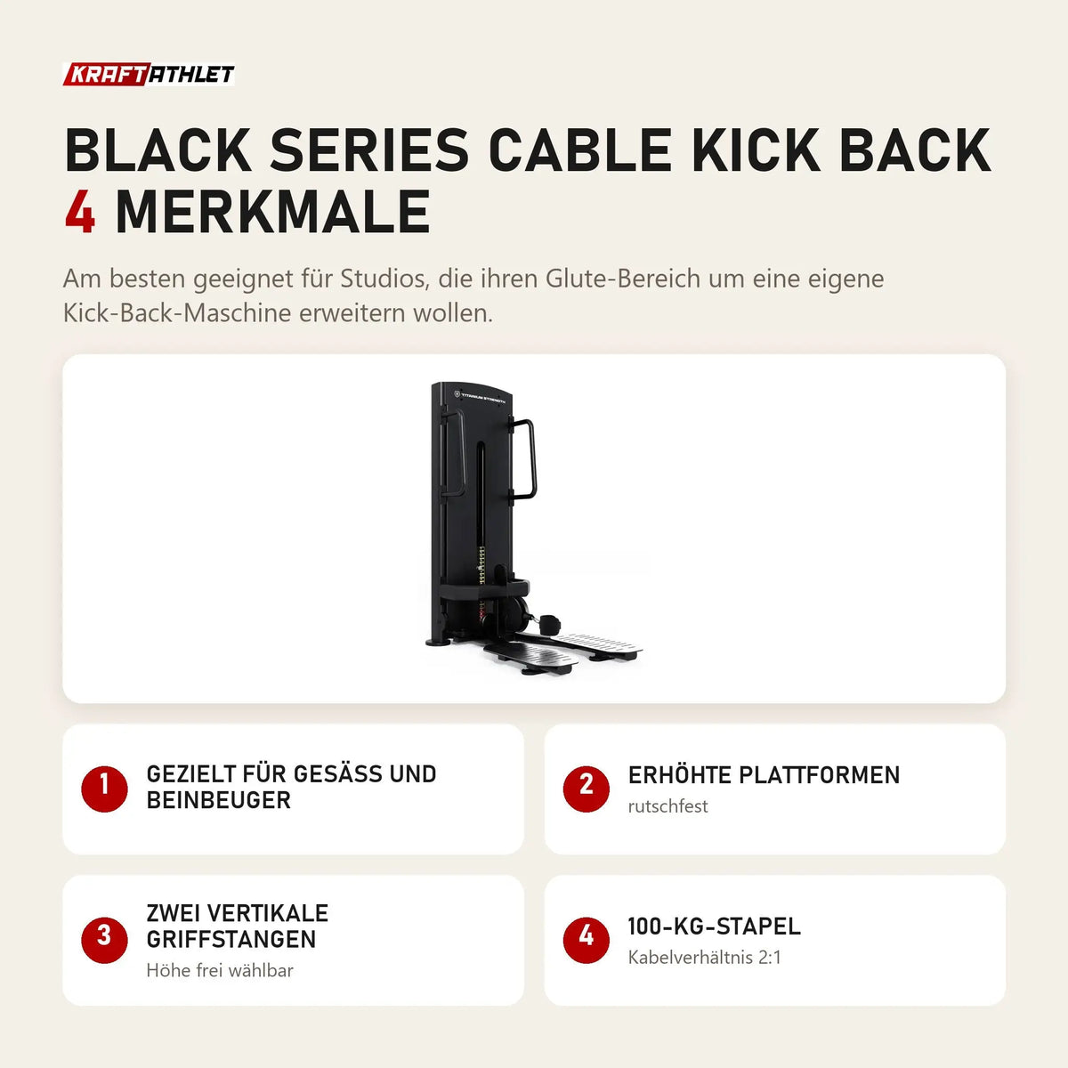 Titanium Strength Black Series Cable Kick Back mit 4 Merkmalen: Gezielt für Gesäß und Beinbeuger, Erhöhte Plattformen, Zwei vertikale Griffstangen, 100-kg-Stapel