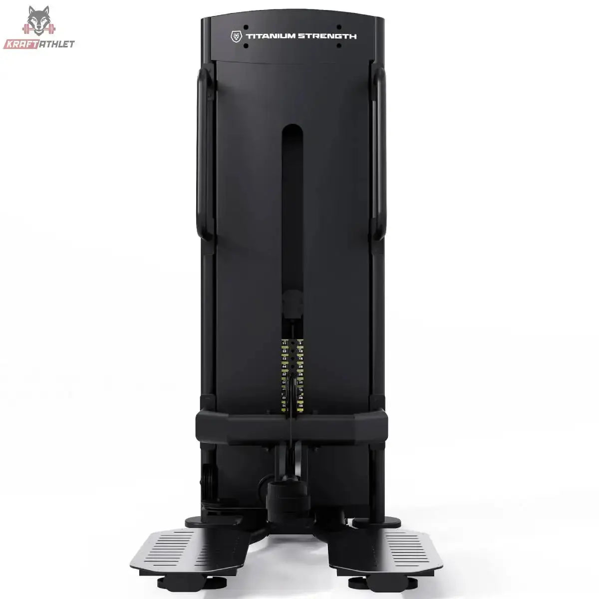 Titanium Strength Black Series Cable Kick Back – Frontansicht mit Gewichtsturm und Standplattform