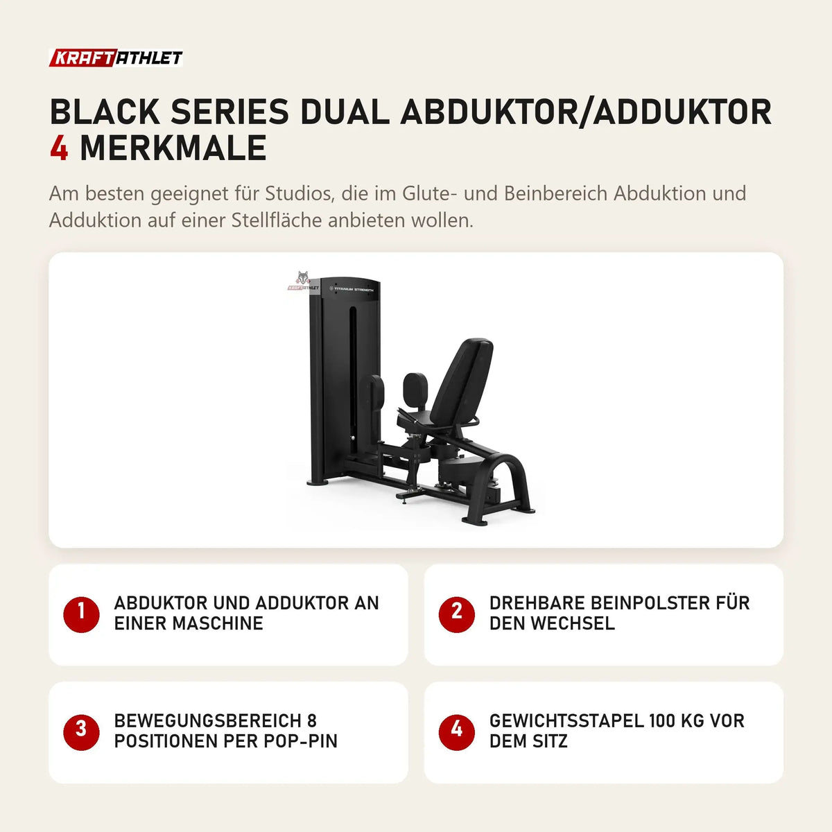 Titanium Strength Black Series Dual Abduktor/Adduktor mit 4 Merkmalen: Abduktor und Adduktor an einer Maschine, Drehbare Beinpolster für den Wechsel, Bewegungsbereich 8 Positionen per Pop-Pin, Gewichtsstapel 100 kg vor dem Sitz