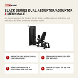 Titanium Strength Black Series Dual Abduktor/Adduktor mit 4 Merkmalen: Abduktor und Adduktor an einer Maschine, Drehbare Beinpolster für den Wechsel, Bewegungsbereich 8 Positionen per Pop-Pin, Gewichtsstapel 100 kg vor dem Sitz