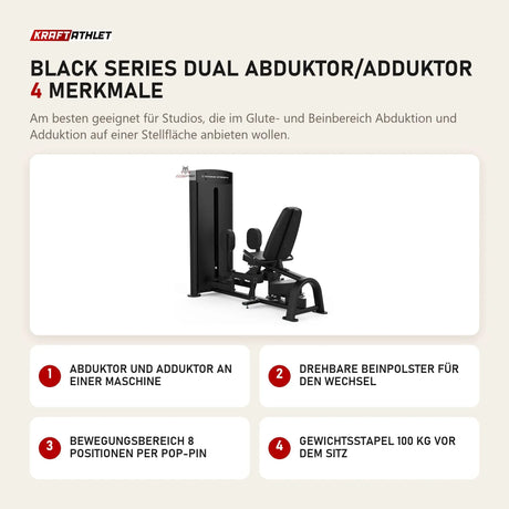 Titanium Strength Black Series Dual Abduktor/Adduktor mit 4 Merkmalen: Abduktor und Adduktor an einer Maschine, Drehbare Beinpolster für den Wechsel, Bewegungsbereich 8 Positionen per Pop-Pin, Gewichtsstapel 100 kg vor dem Sitz