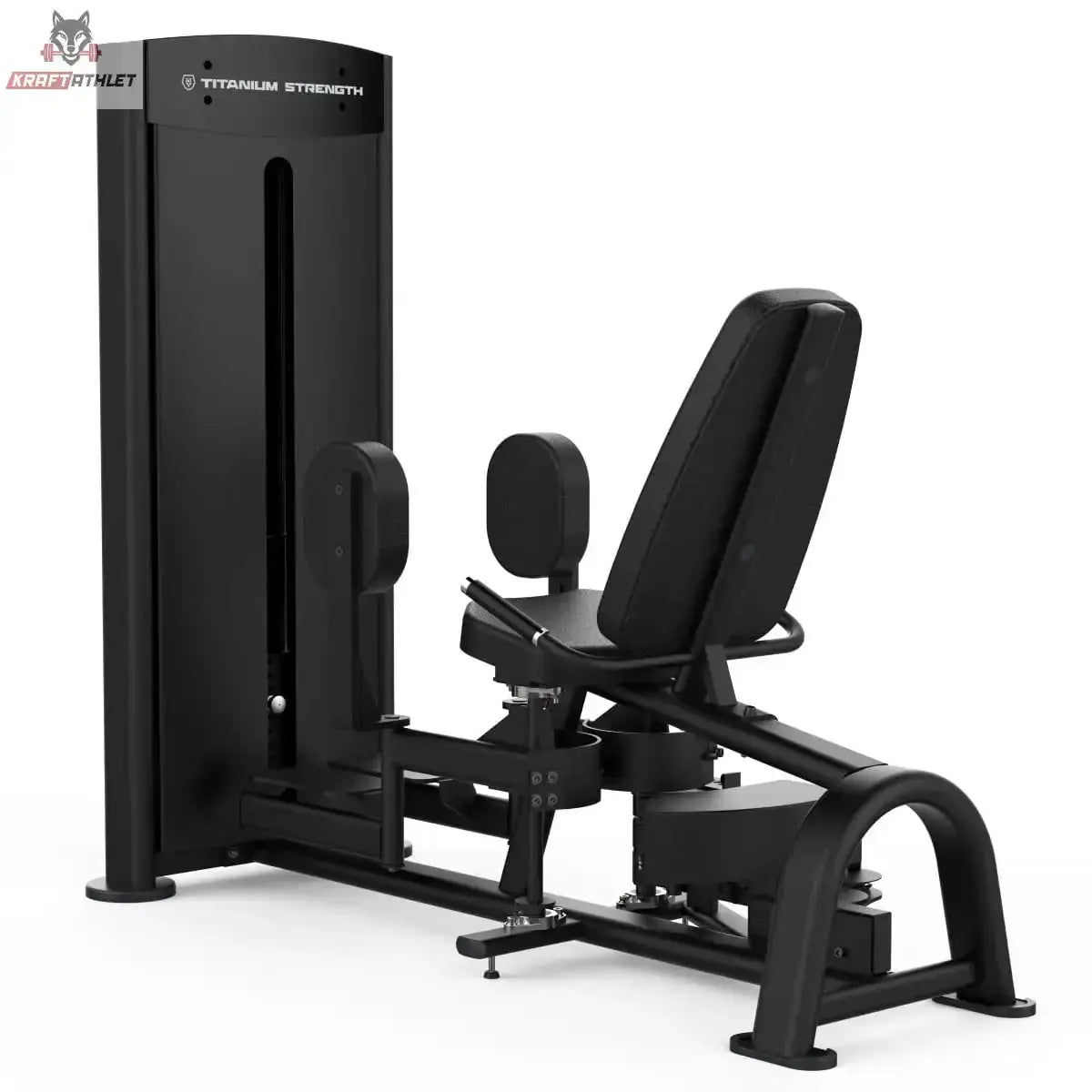 Titanium Strength Black Series Dual Abduktor/Adduktor: Schrägansicht von vorne mit Sitz, Rückenpolster und Beinpolstern, in Schwarz