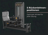 Titanium Strength Black Series Dual-Beinpresse / Hack Squat V2 vor dunklem Hintergrund mit Hinweis auf die Rückenlehnen-Positionen