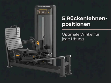 Titanium Strength Black Series Dual-Beinpresse / Hack Squat V2 vor dunklem Hintergrund mit Hinweis auf die Rückenlehnen-Positionen