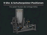 Titanium Strength Black Series Dual-Beinpresse / Hack Squat V2 vor dunklem Hintergrund mit Hinweis auf die Schulterpolster-Positionen