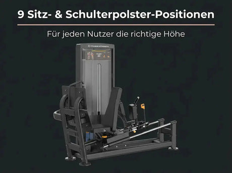 Titanium Strength Black Series Dual-Beinpresse / Hack Squat V2 vor dunklem Hintergrund mit Hinweis auf die Schulterpolster-Positionen