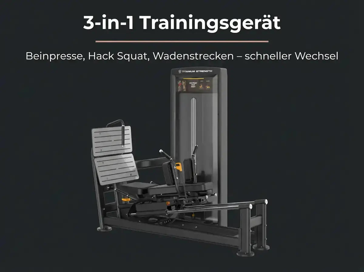 Titanium Strength Black Series Dual-Beinpresse / Hack Squat V2 vor dunklem Hintergrund mit Hinweis auf die Übungsvarianten