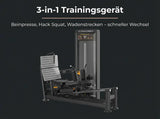 Titanium Strength Black Series Dual-Beinpresse / Hack Squat V2 vor dunklem Hintergrund mit Hinweis auf die Übungsvarianten