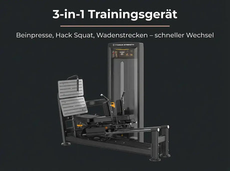 Titanium Strength Black Series Dual-Beinpresse / Hack Squat V2 vor dunklem Hintergrund mit Hinweis auf die Übungsvarianten