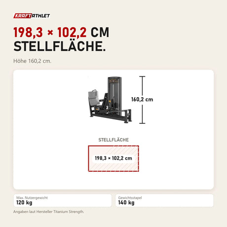 Maßbild Titanium Strength Black Series Dual-Beinpresse / Hack Squat V2: Stellfläche 198,3 × 102,2 cm, Höhe 160,2 cm