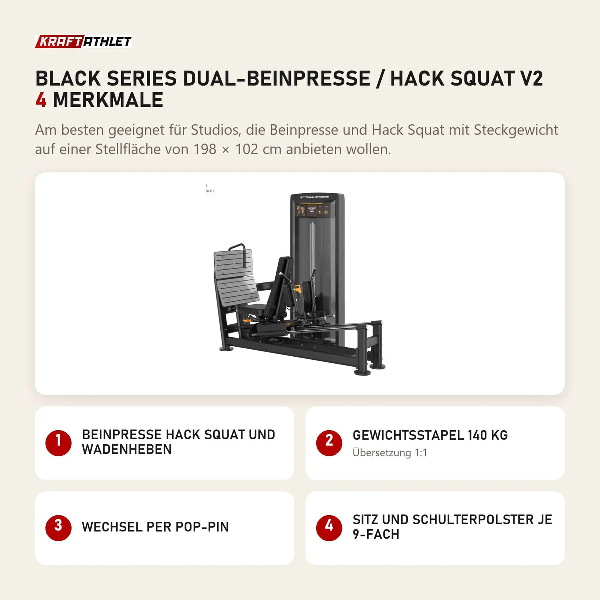 Titanium Strength Black Series Dual-Beinpresse / Hack Squat V2 mit 4 Merkmalen: Beinpresse Hack Squat und Wadenheben, Gewichtsstapel 140 kg, Wechsel per Pop-Pin, Sitz und Schulterpolster je 9-fach