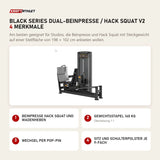 Titanium Strength Black Series Dual-Beinpresse / Hack Squat V2 mit 4 Merkmalen: Beinpresse Hack Squat und Wadenheben, Gewichtsstapel 140 kg, Wechsel per Pop-Pin, Sitz und Schulterpolster je 9-fach