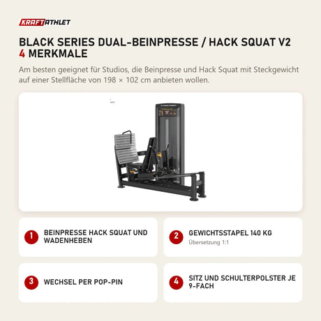 Titanium Strength Black Series Dual-Beinpresse / Hack Squat V2 mit 4 Merkmalen: Beinpresse Hack Squat und Wadenheben, Gewichtsstapel 140 kg, Wechsel per Pop-Pin, Sitz und Schulterpolster je 9-fach