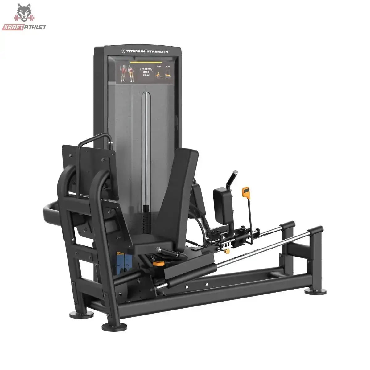 Titanium Strength Black Series Dual-Beinpresse / Hack Squat V2 in Schwarz, Schrägansicht auf Sitz und Schulterpolster