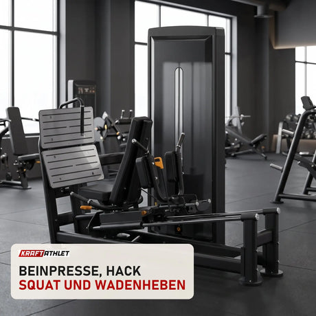Titanium Strength Black Series Dual-Beinpresse / Hack Squat V2 in einem fertig eingerichteten Studio mit dunklen Wänden und Gummiboden