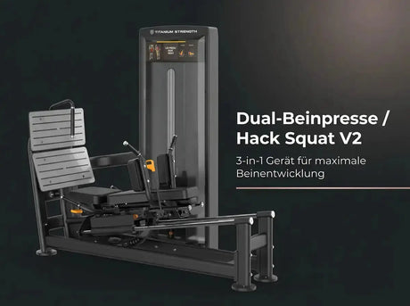 Titanium Strength Black Series Dual-Beinpresse / Hack Squat V2 vor dunklem Hintergrund mit Titelschriftzug
