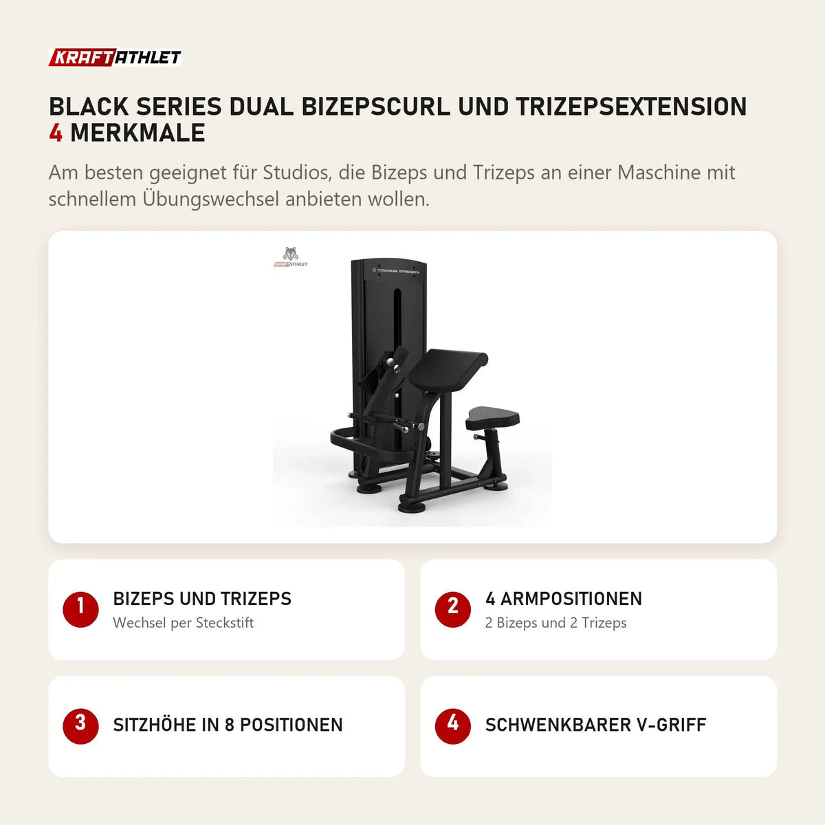 Titanium Strength Black Series Dual Bizepscurl und Trizepsextension mit 4 Merkmalen: Bizeps und Trizeps, 4 Armpositionen, Sitzhöhe in 8 Positionen, Schwenkbarer V-Griff
