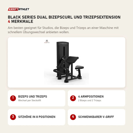 Titanium Strength Black Series Dual Bizepscurl und Trizepsextension mit 4 Merkmalen: Bizeps und Trizeps, 4 Armpositionen, Sitzhöhe in 8 Positionen, Schwenkbarer V-Griff