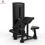 Titanium Strength Black Series Dual Bizepscurl und Trizepsextension: Schrägansicht mit Armauflage und Sitz, in Schwarz