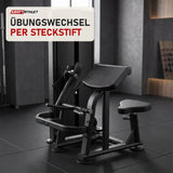 Titanium Strength Black Series Dual Bizepscurl und Trizepsextension in einem fertig eingerichteten Studio mit dunklen Wänden und Gummiboden