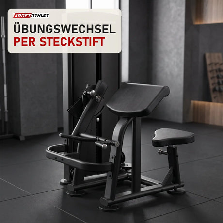 Titanium Strength Black Series Dual Bizepscurl und Trizepsextension in einem fertig eingerichteten Studio mit dunklen Wänden und Gummiboden