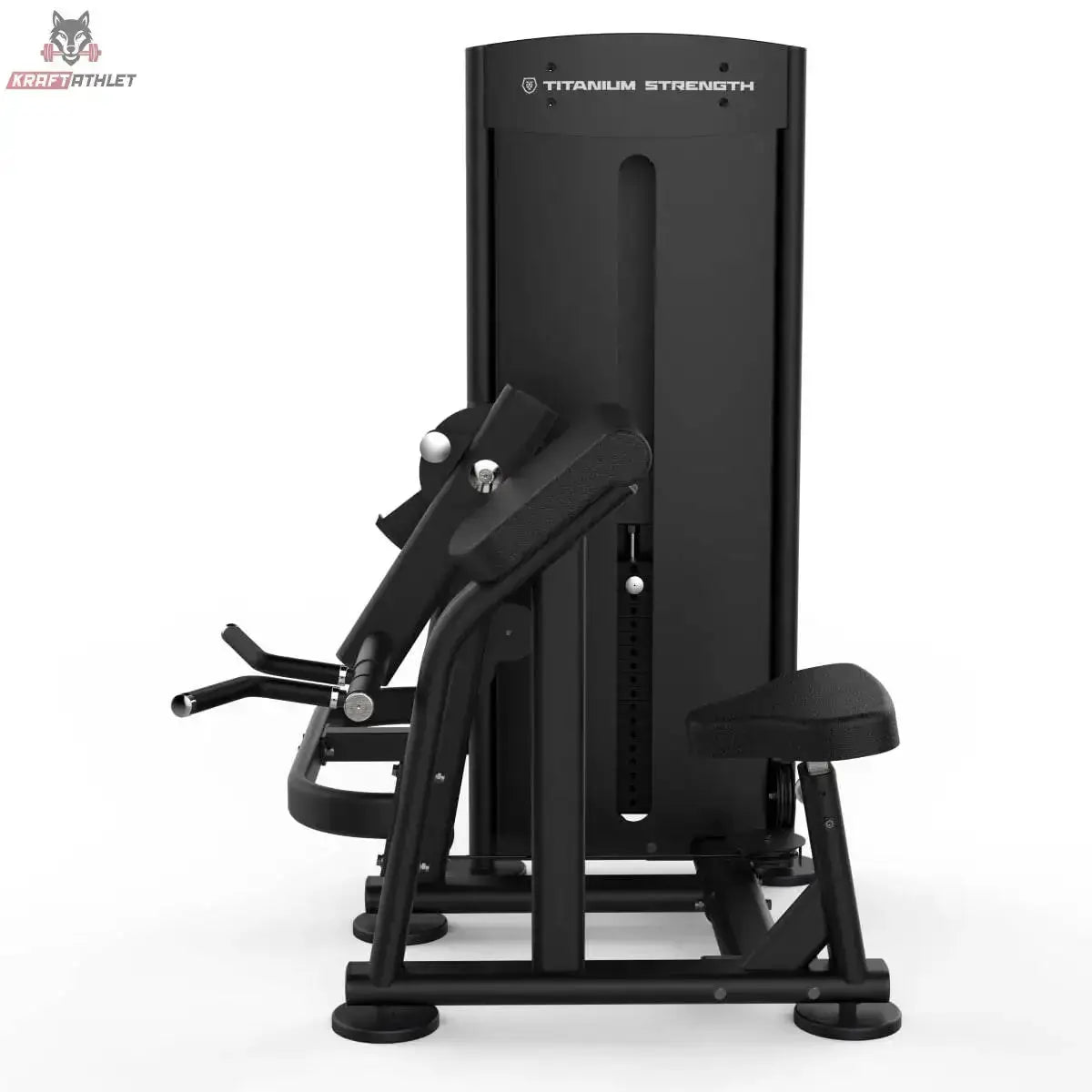Titanium Strength Black Series Dual Bizepscurl und Trizepsextension: Vorderansicht mit Hebelgriffen und Sitz, in Schwarz