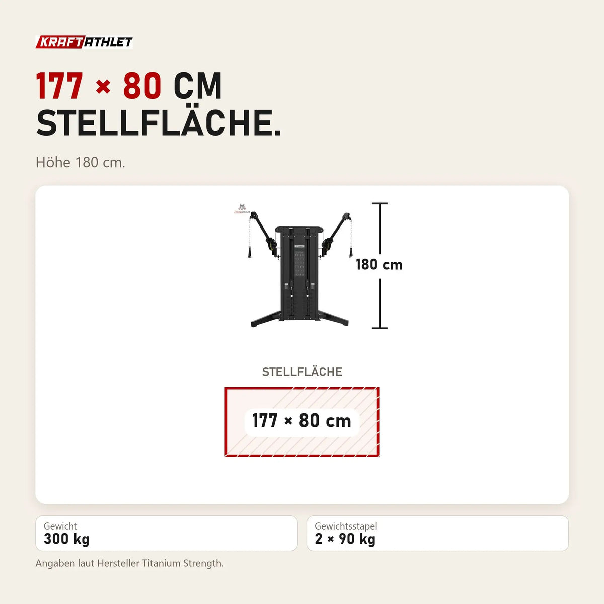Maßbild Titanium Strength Black Series Dual Cable Cross: Stellfläche 177 × 80 cm, Höhe 180 cm