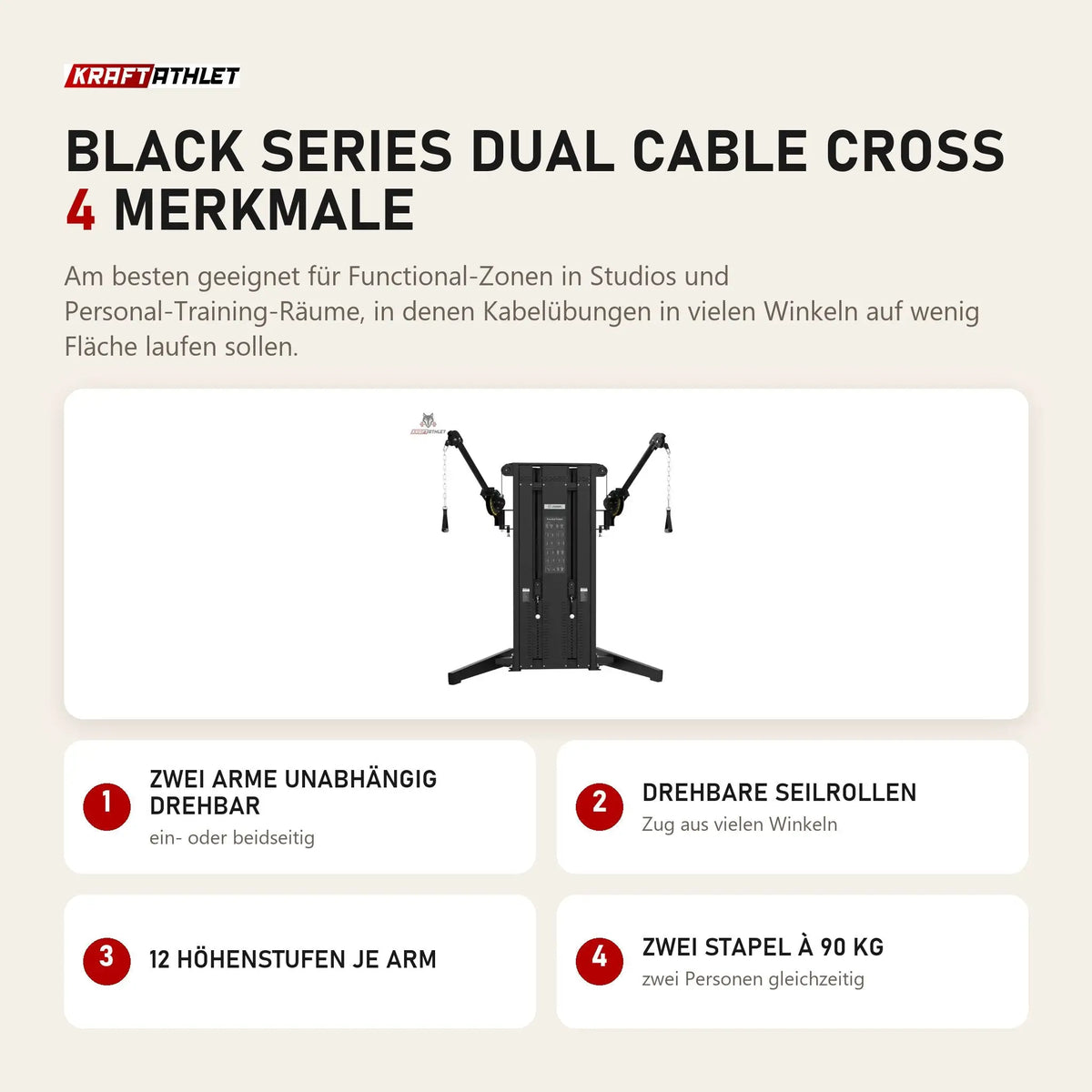 Titanium Strength Black Series Dual Cable Cross mit 4 Merkmalen: Zwei Arme unabhängig drehbar, Drehbare Seilrollen, 12 Höhenstufen je Arm, Zwei Stapel à 90 kg